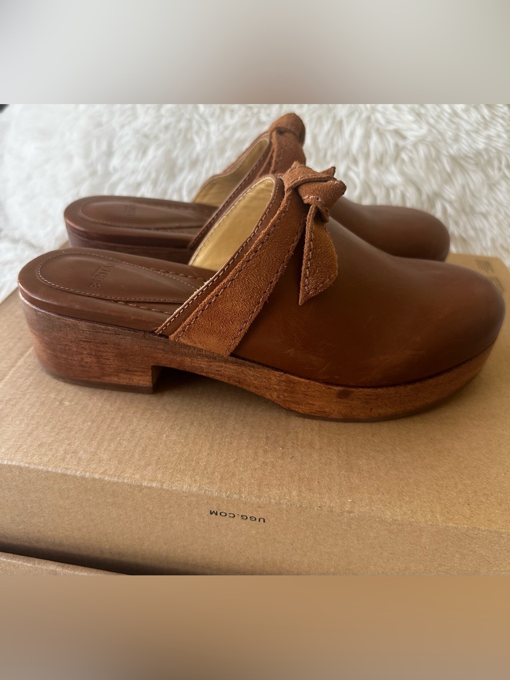 Alexandre Birman Clarita Leather Clog Mules Brown Wood Heel Bow Size 36.5 Luxury